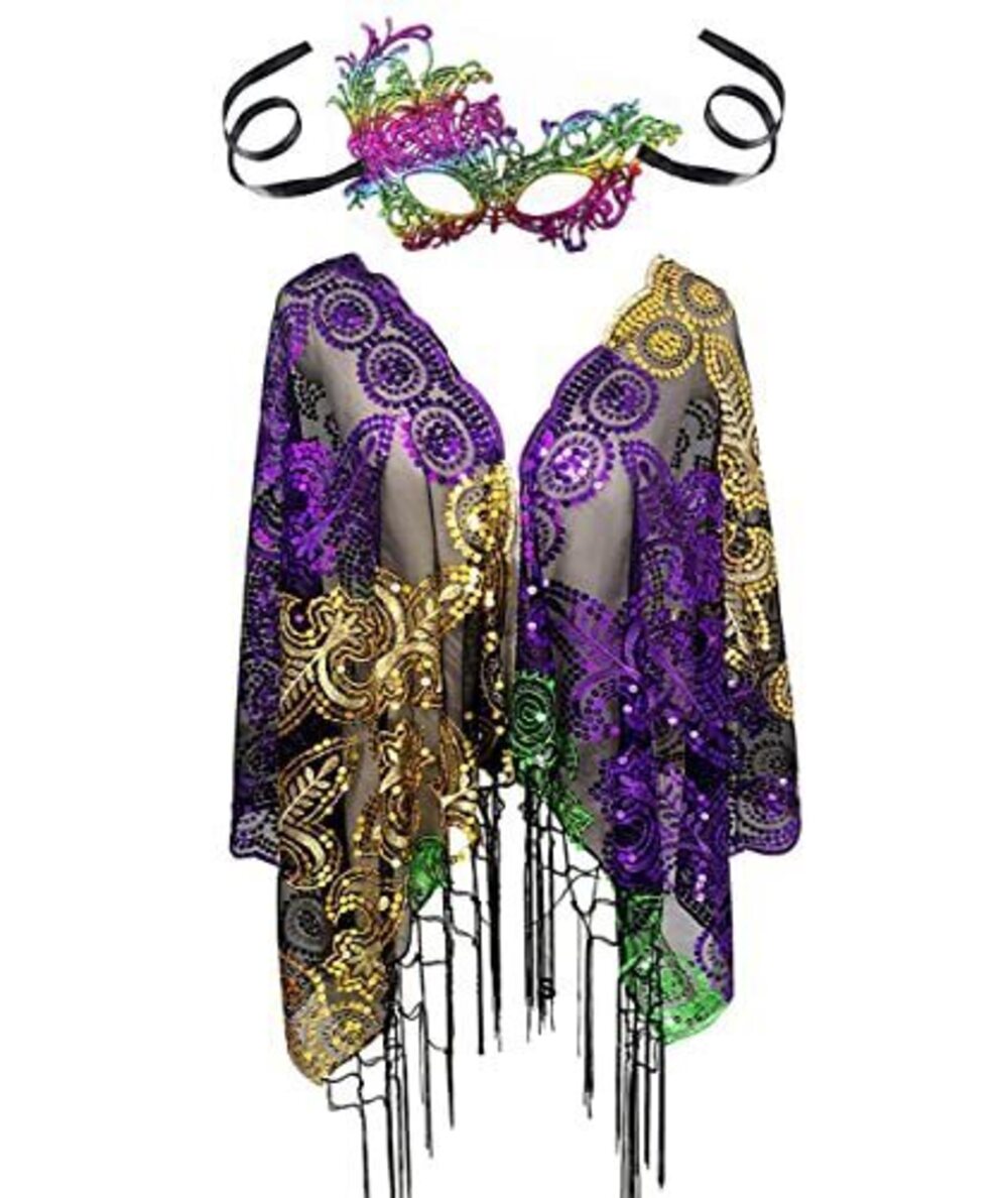 3773 Mardi Gras Shawl Scarf Wrap Costume and Mask Sequin Mardi Gras Poncho